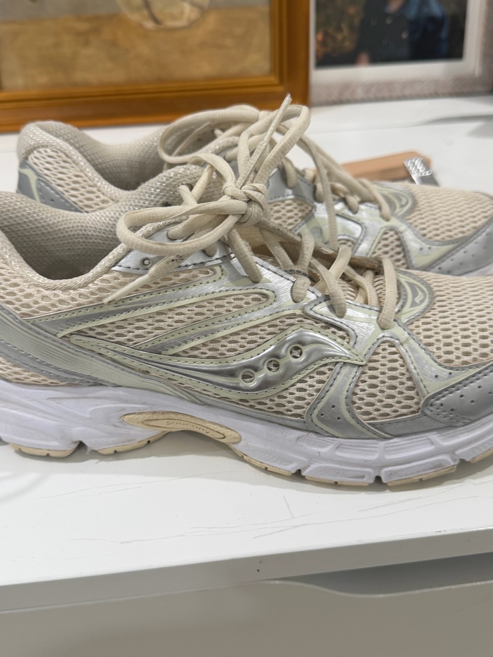Saucony Women's Neutral Beige Mesh Running Sneakers with Silver Accents